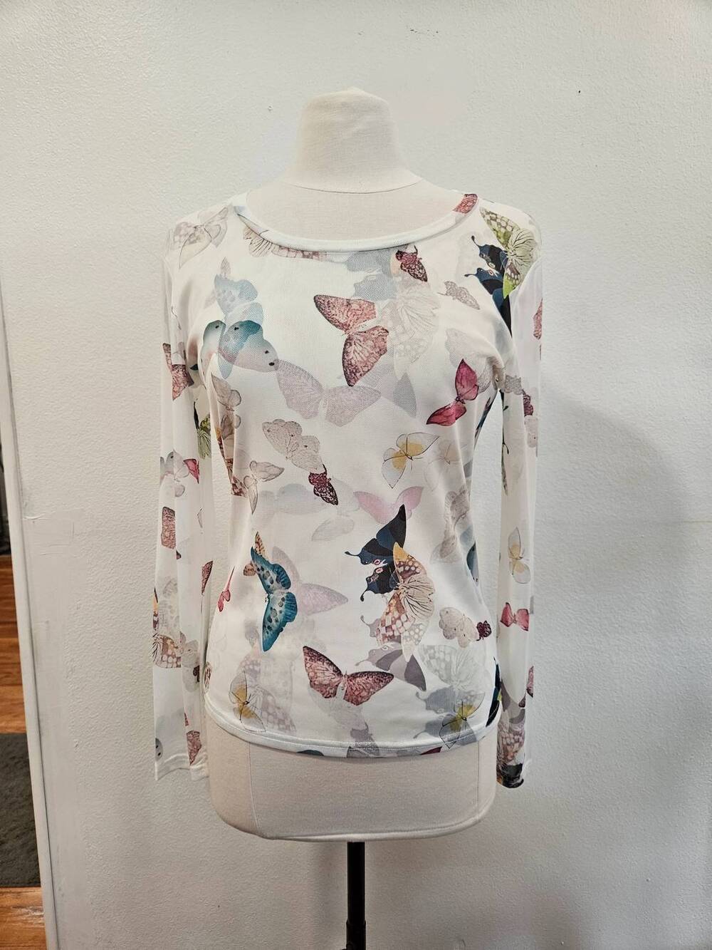 NEW ADORE women's mesh butterfly print top in white